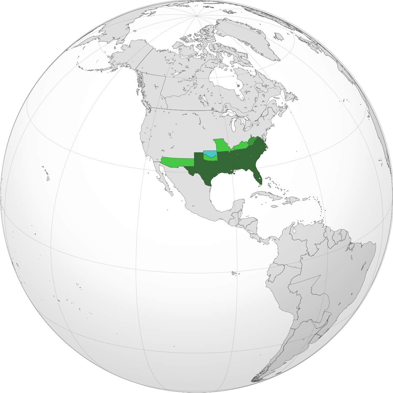Territorial map: The Confederate States of America (orthographic projection)