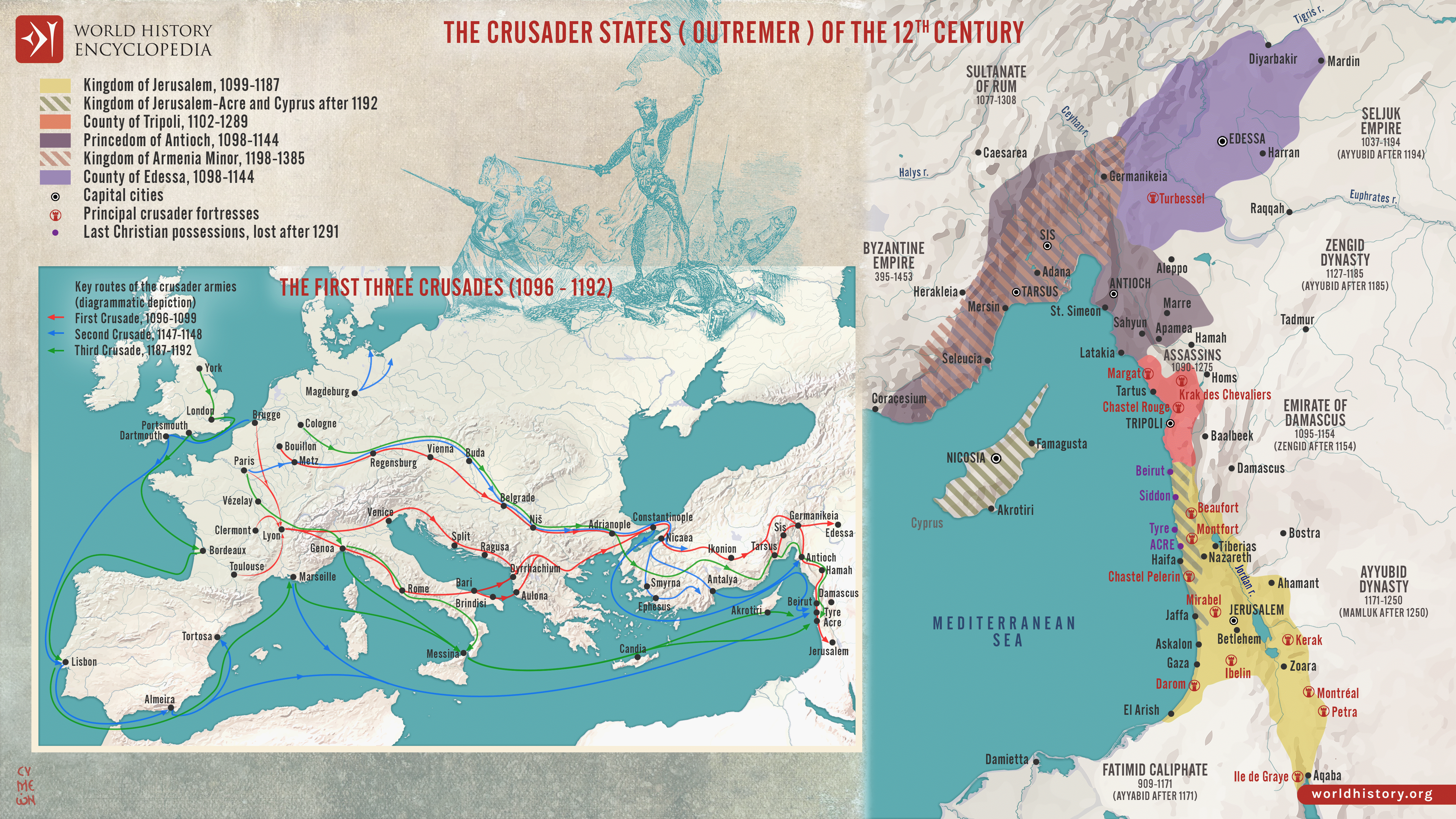 Territorial map: The First Three Crusades and the 12th-century Outremer