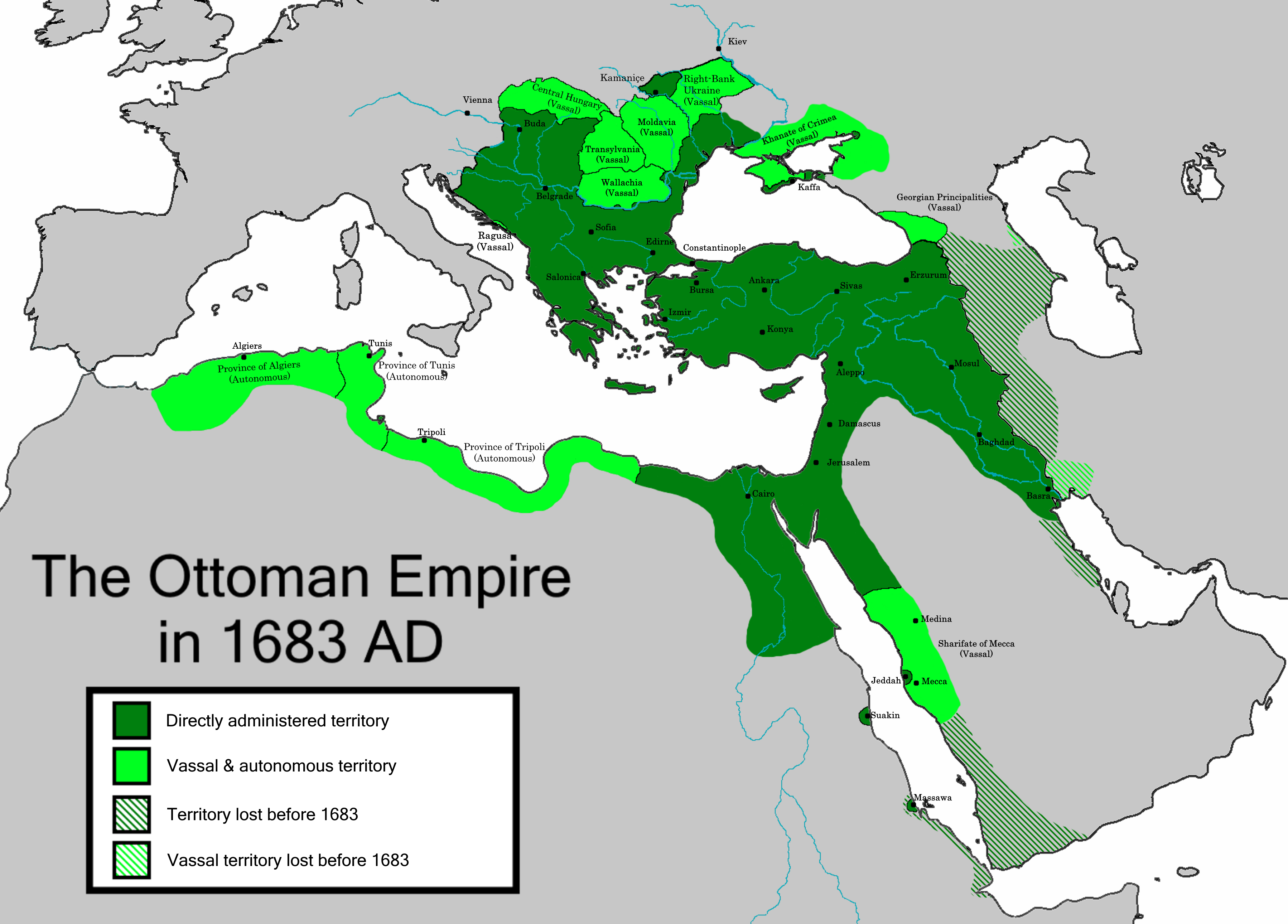 Territorial map: The greatest extent of the Ottoman Empire in Europe (1683)