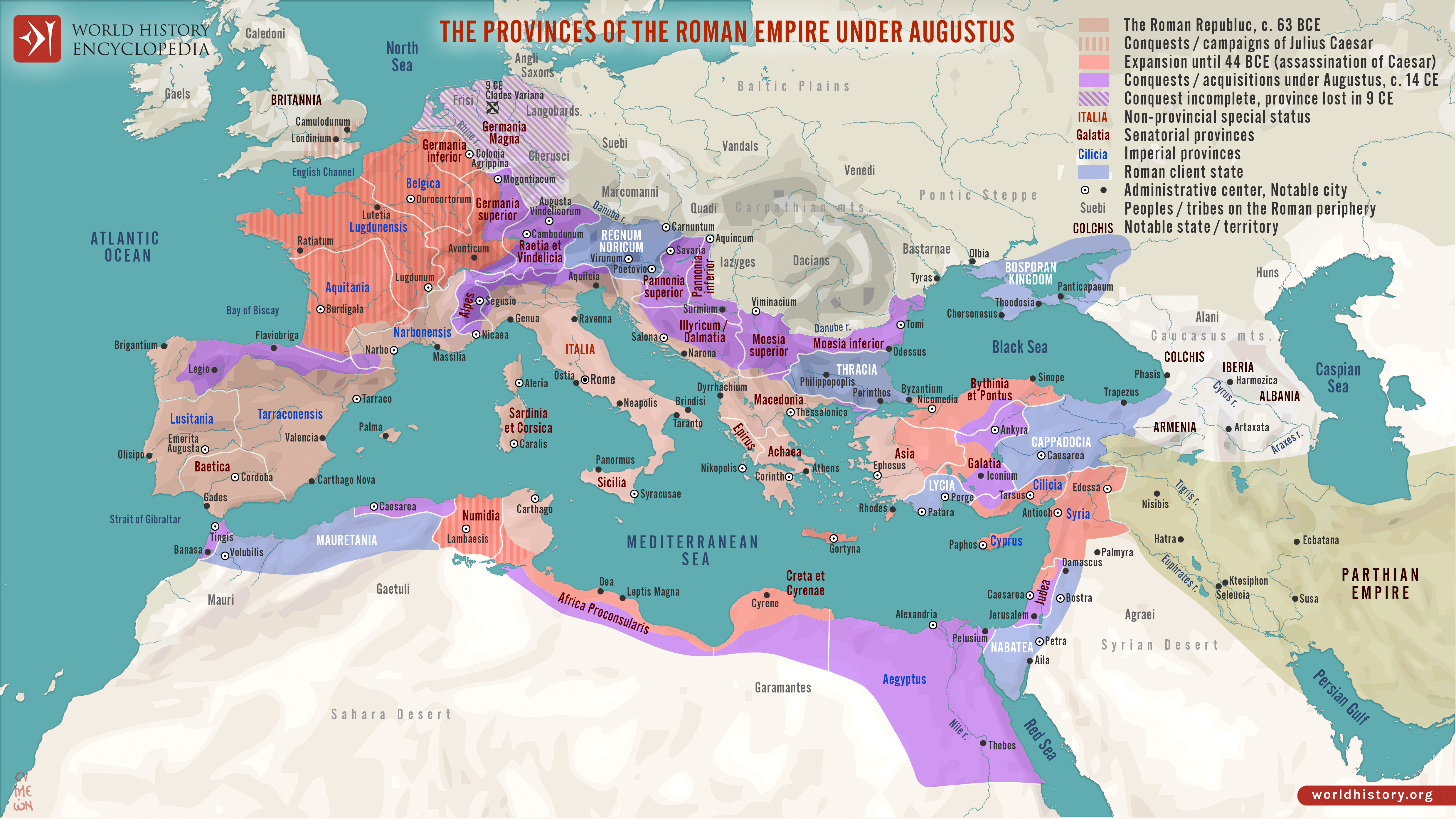 Territorial map: The provinces of the Roman Empire under Augustus